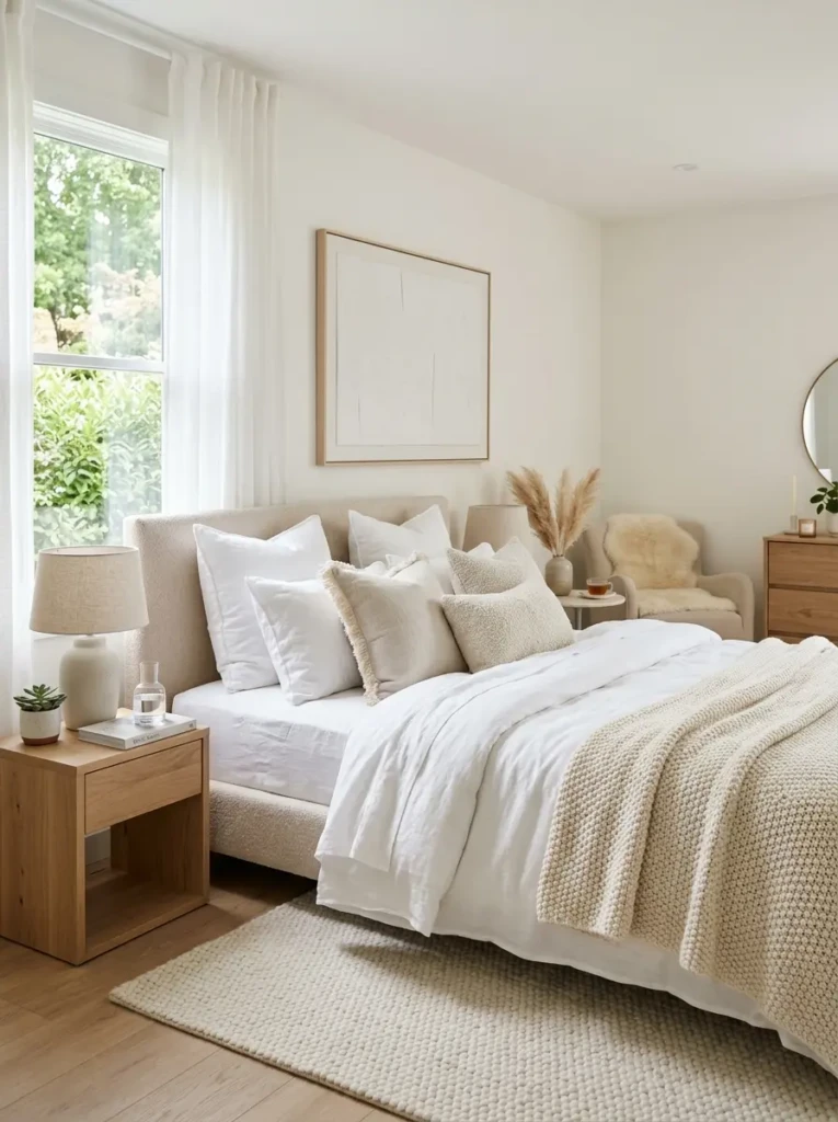 Peaceful white bedroom with luxurious bedding and modern minimalist decor
