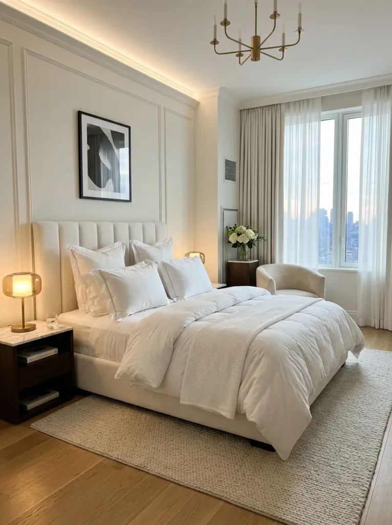 Hotel-style white bedroom with fluffy bedding and elegant interior details