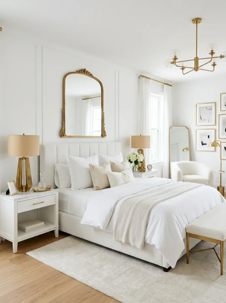 White bedroom with gold and brass decor accents for elegant styling