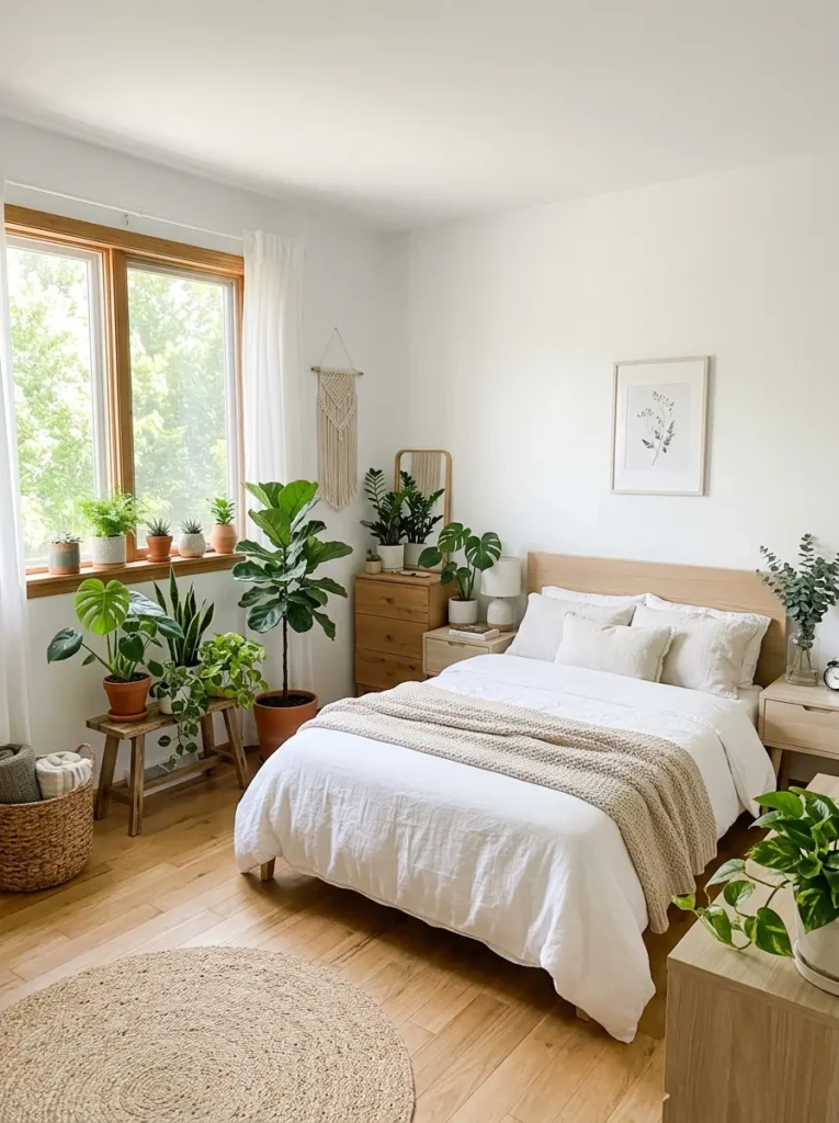 Fresh white bedroom decorated with green plants and natural light