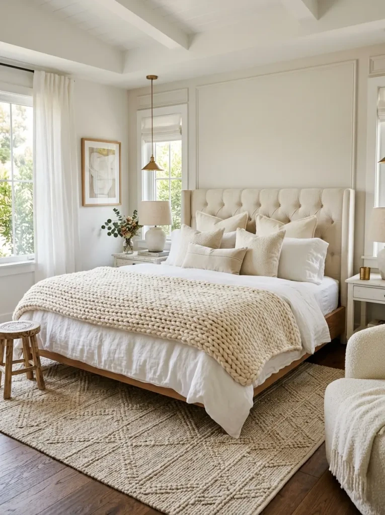 White bedroom featuring layered linen bedding, knit blankets, and textured pillows