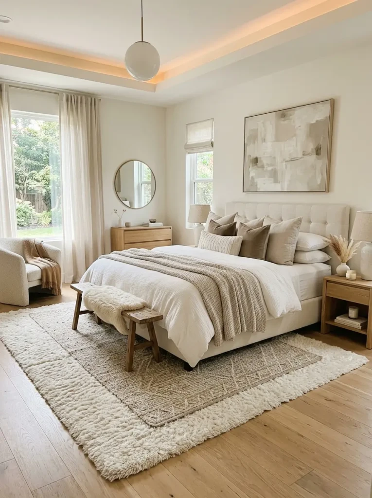 Cozy white bedroom with plush rugs and layered neutral textures
