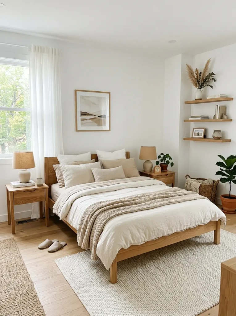 Modern white bedroom with wooden furniture and Scandinavian-inspired decor