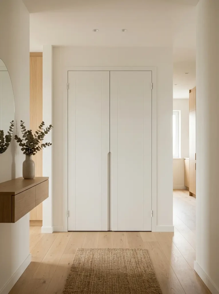 Clean white minimalist double doors in a Scandinavian style home interior
