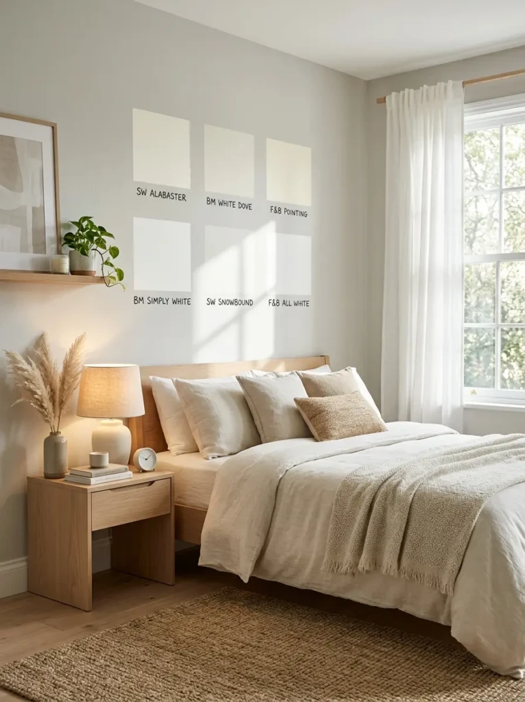 Bedroom interior showing warm and cool white paint shades with neutral decor