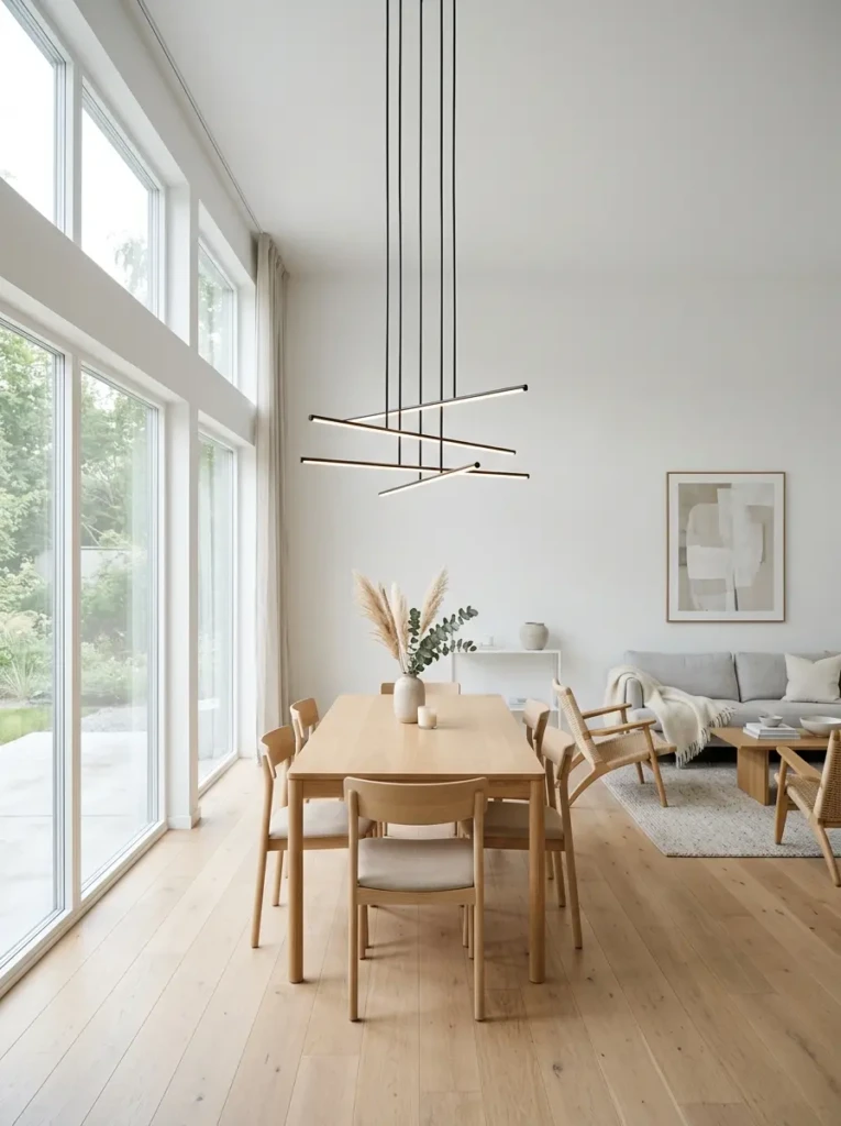 Clean minimalist room with simple linear chandelier and neutral tones for a modern aesthetic