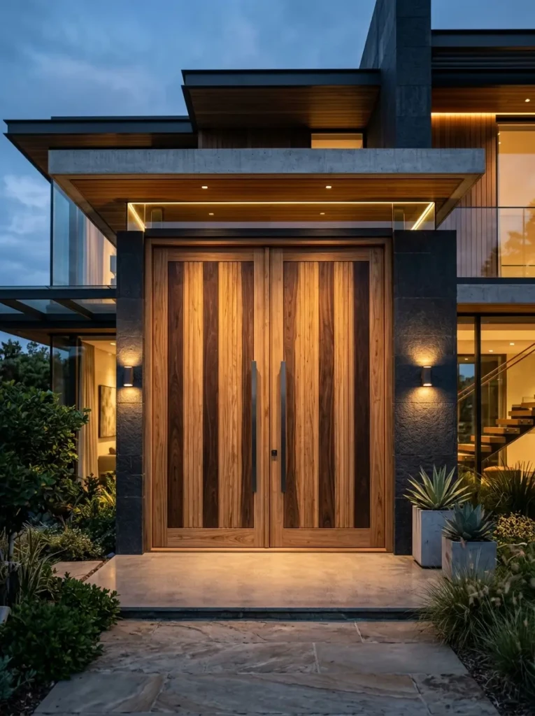 Large wooden double entrance doors with premium modern architectural styling