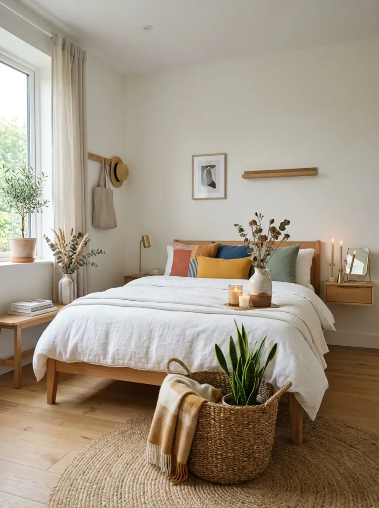 Colorful minimalist bedroom decorated with ceramic vases, cushions, candles, and woven baskets