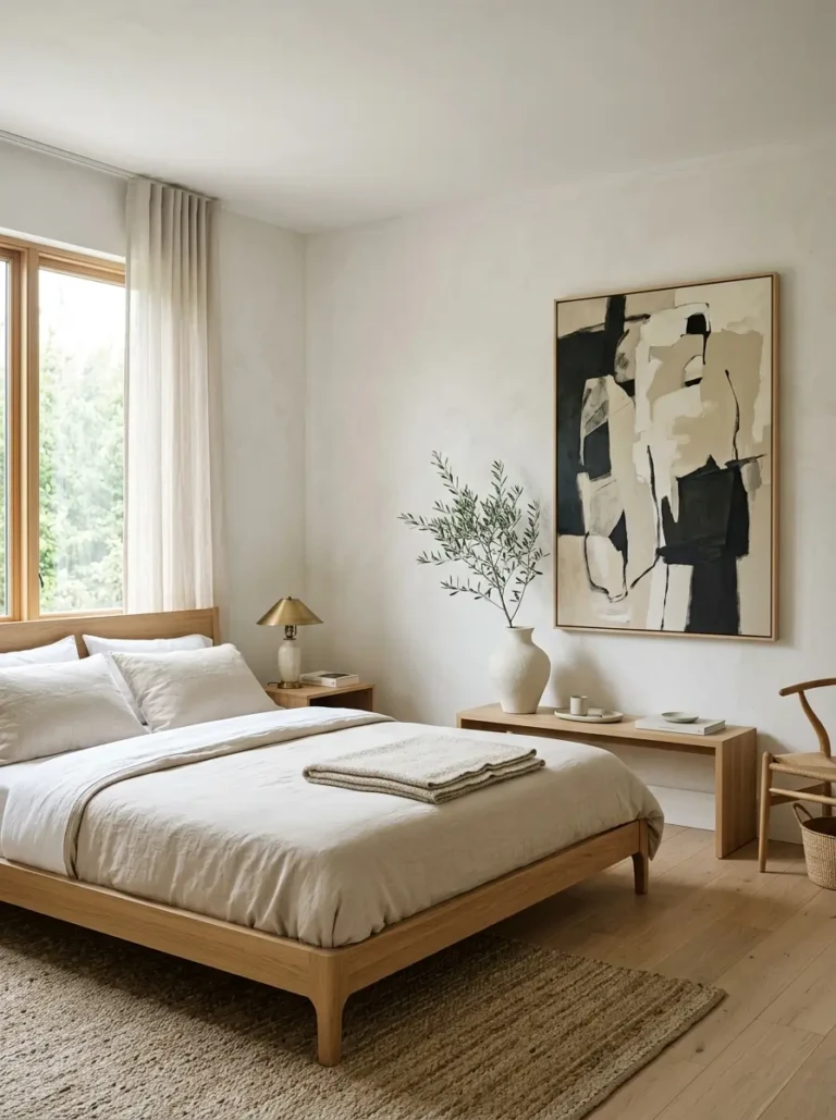 Clean minimalist bedroom with floating wooden nightstands holding a ceramic lamp, book, and simple decorative vase.
