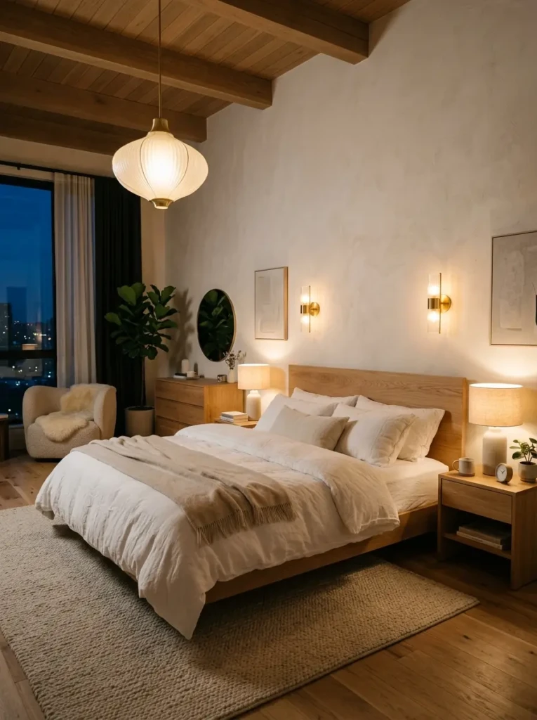 Organized minimalist bedroom with hidden storage, clean bedside tables, and a simple uncluttered interior layout.