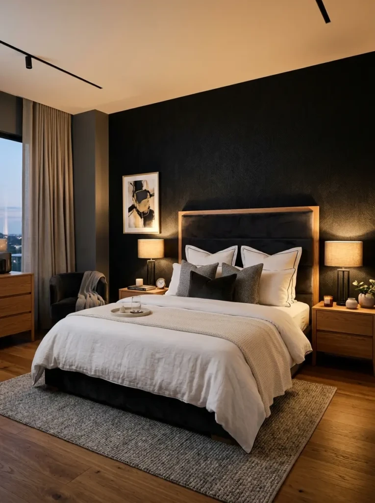 Cozy modern bedroom featuring a dramatic black wallpaper feature wall with white bedding and warm wood accents.