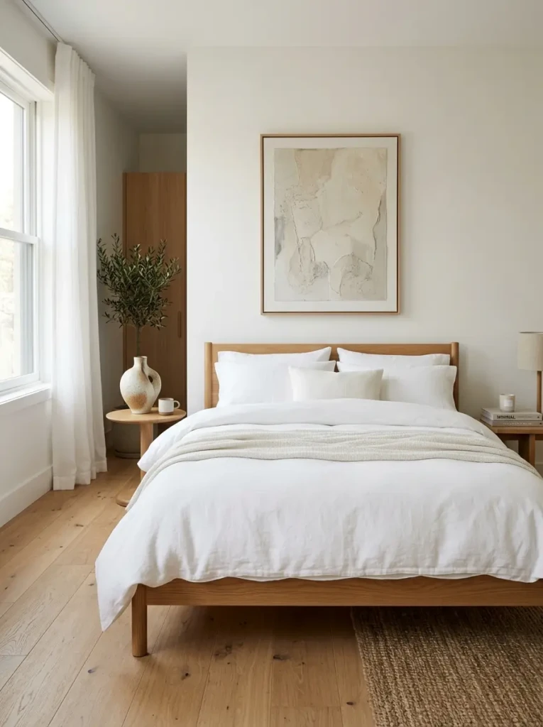Elegant minimalist bedroom with matching bedside tables, identical lamps, centered artwork, and perfectly balanced decor.