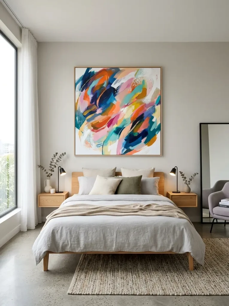 Minimalist bedroom with large colorful abstract wall art above the bed