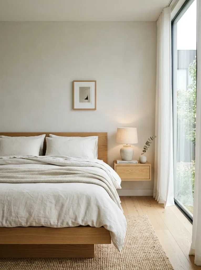 Close-up of a minimalist bed dressed with premium white linen sheets, plush pillows, and a soft duvet in a modern bedroom.
