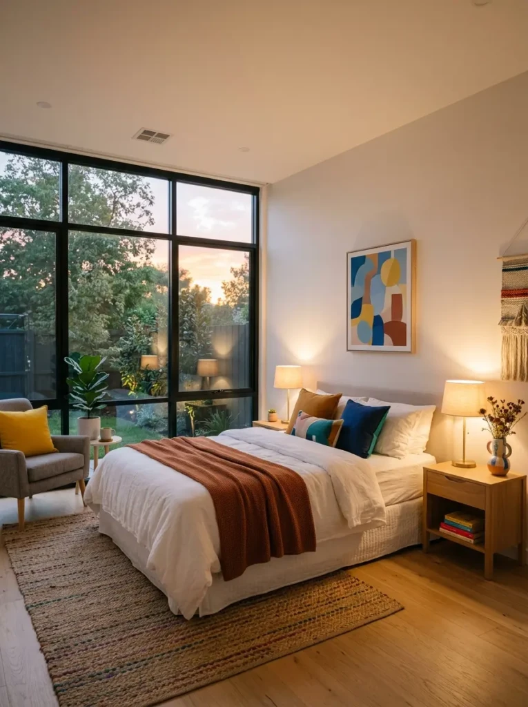Bright minimalist bedroom with large windows, warm bedside lighting, and colorful accents