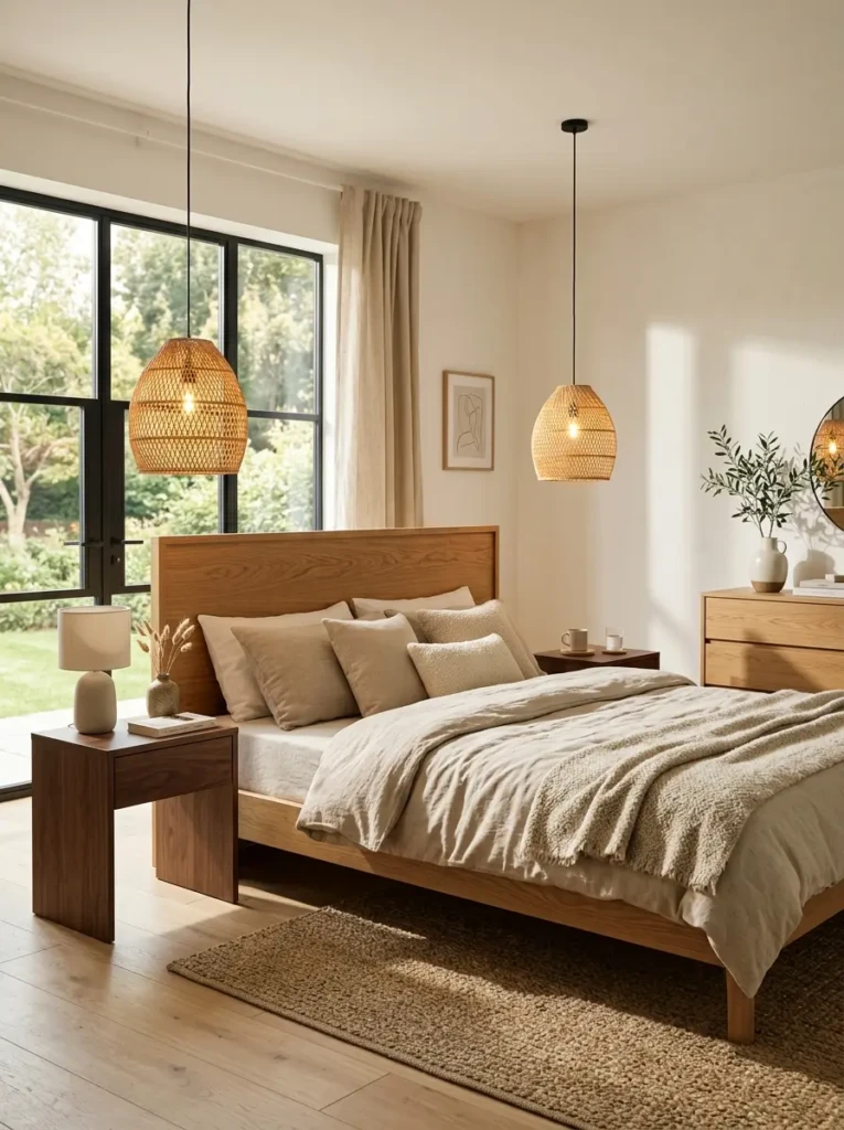 Sunlight streaming through large windows into a minimalist bedroom with white bedding, linen curtains, and natural wood furniture.