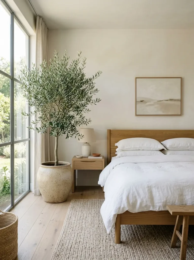 Modern minimalist bedroom furnished with streamlined dresser, platform bed, floating shelves, and simple contemporary furniture.