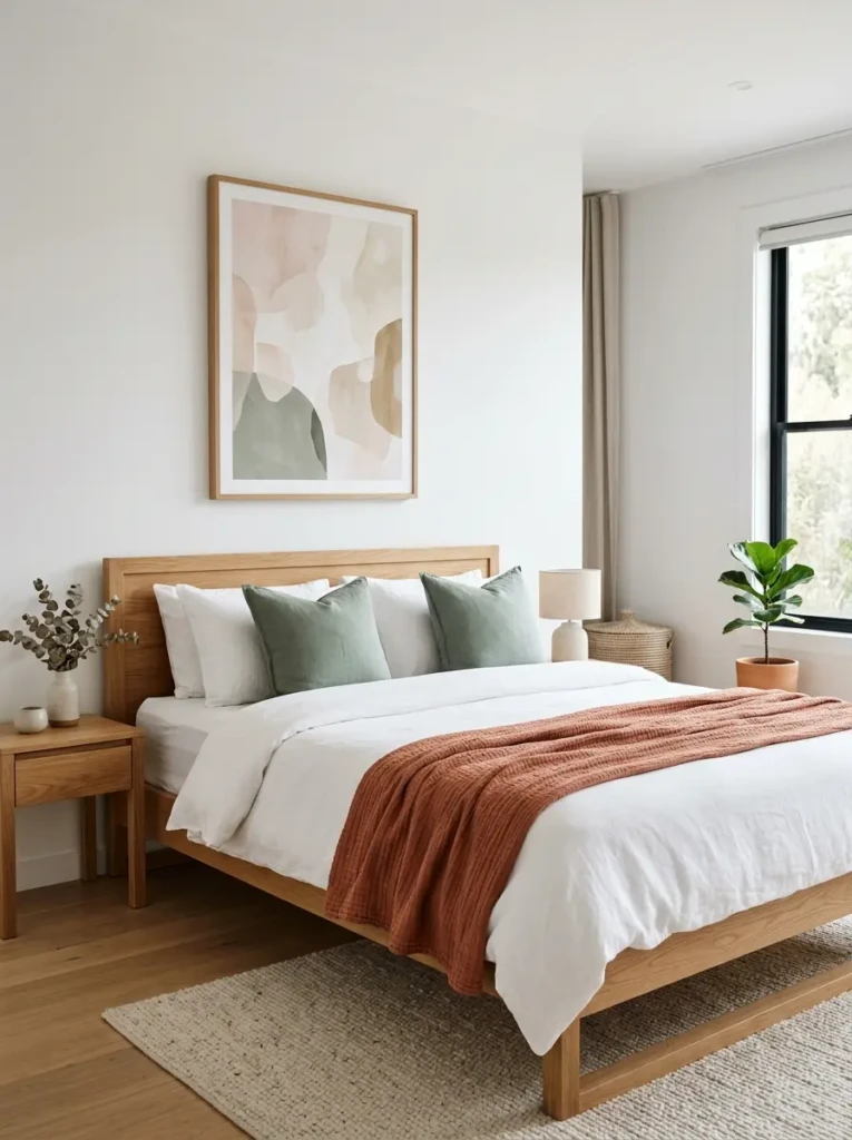 Modern bedroom featuring oak furniture, wooden bed frame, warm textures, and Scandinavian-inspired minimalist decor.