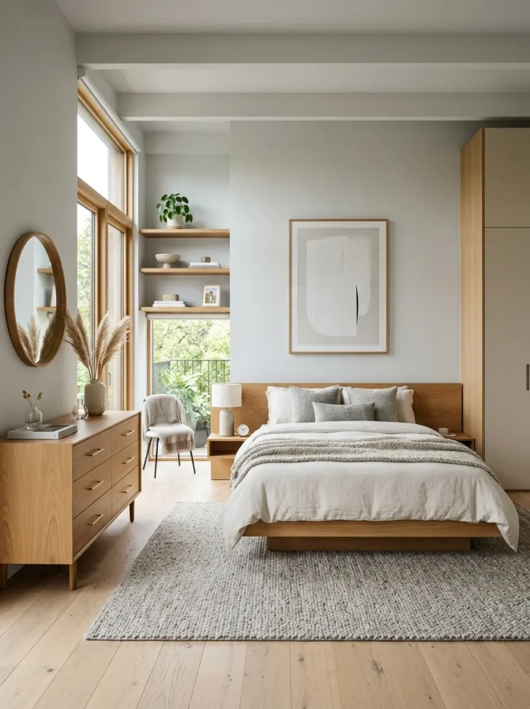 Cozy minimalist bedroom illuminated by warm bedside lamps and elegant lighting that creates a relaxing evening atmosphere.