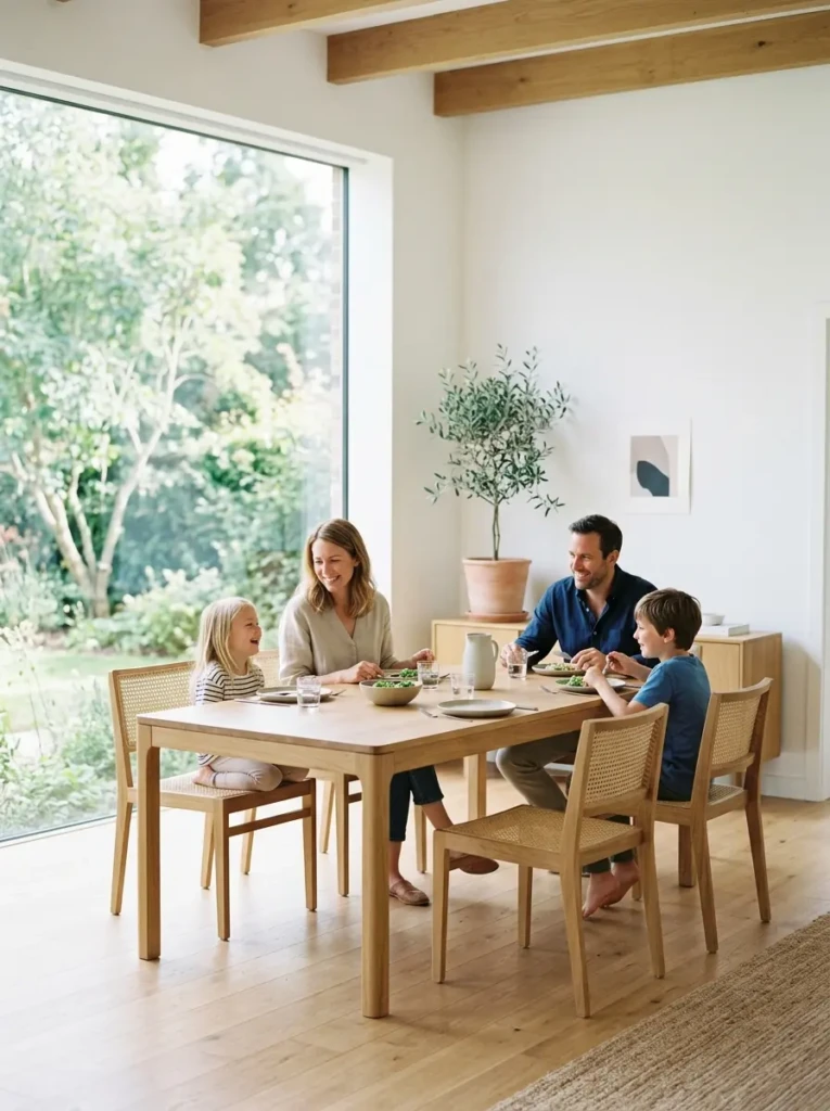 Spacious minimalist dining room creating a calm and organized dining environment