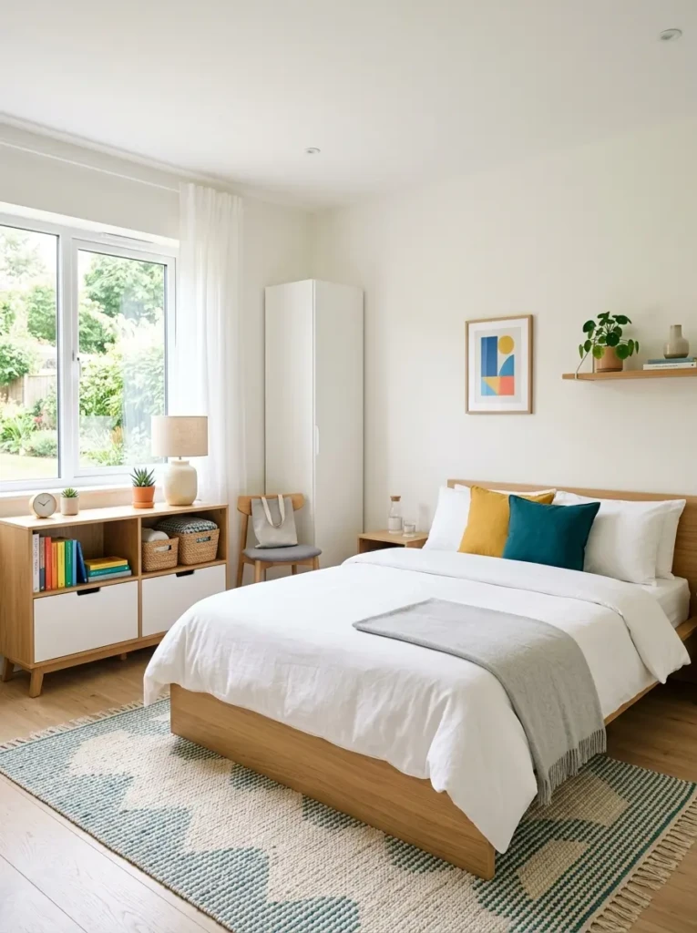 Clean and organized colorful minimalist bedroom with neatly arranged modern decor