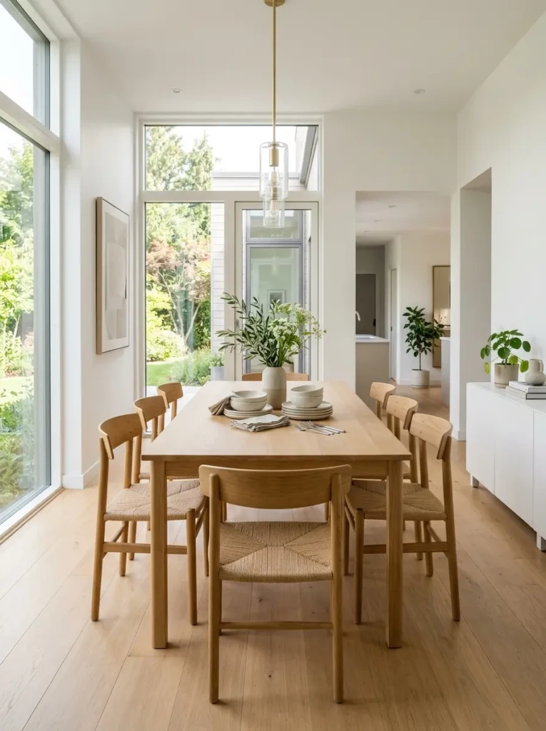 Clean and organized minimalist dining room with neatly arranged furniture