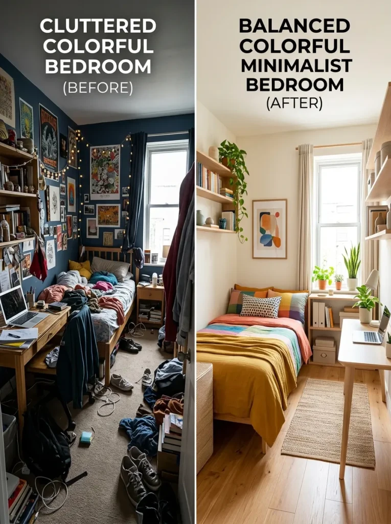 Comparison of cluttered bedroom versus balanced colorful minimalist bedroom