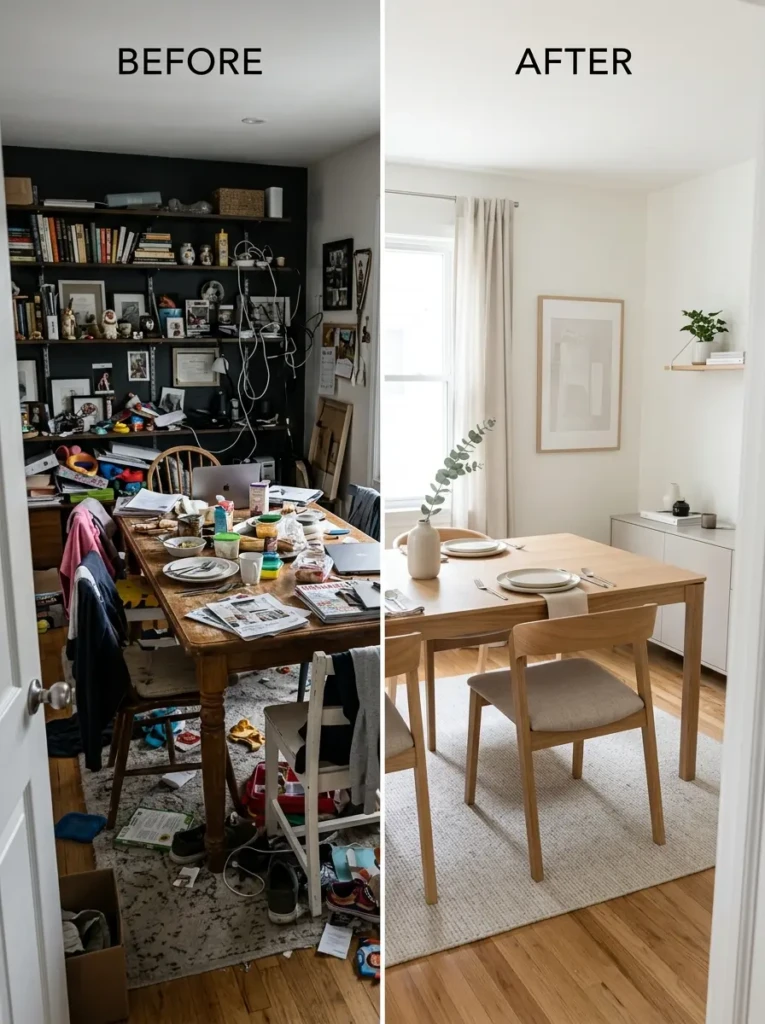 Comparison of cluttered dining room and clean minimalist dining room design
