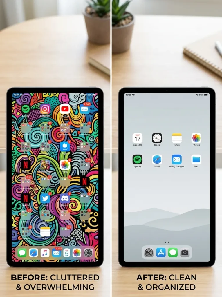 Minimalist iPad home screen with neatly arranged apps and clean widget layout