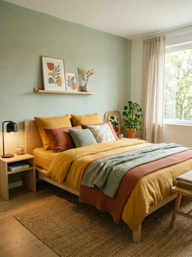 Colorful minimalist bedroom with mustard, sage green, and terracotta bedding accents