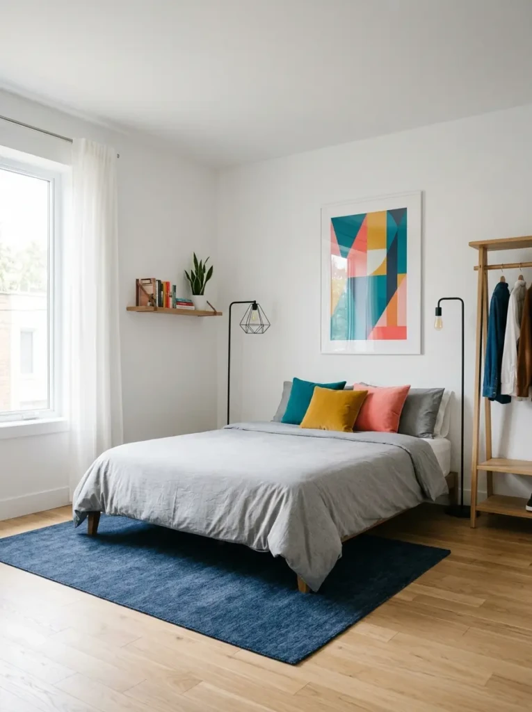 Modern colorful minimalist bedroom with clean lines, vibrant accents, and uncluttered decor