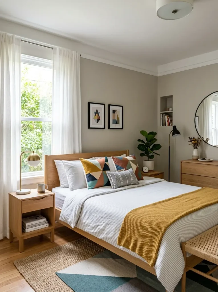 Minimalist bedroom featuring geometric patterned pillows and subtle modern textiles
