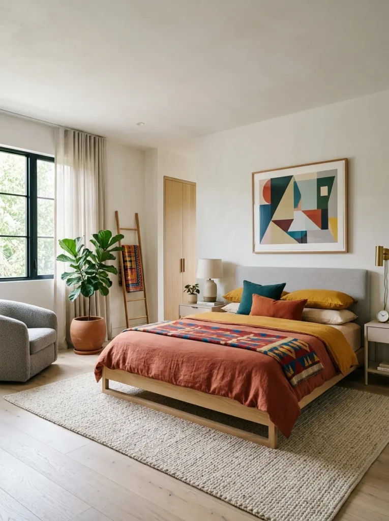 Luxury colorful minimalist bedroom with abstract artwork, indoor plants, and Scandinavian-inspired decor