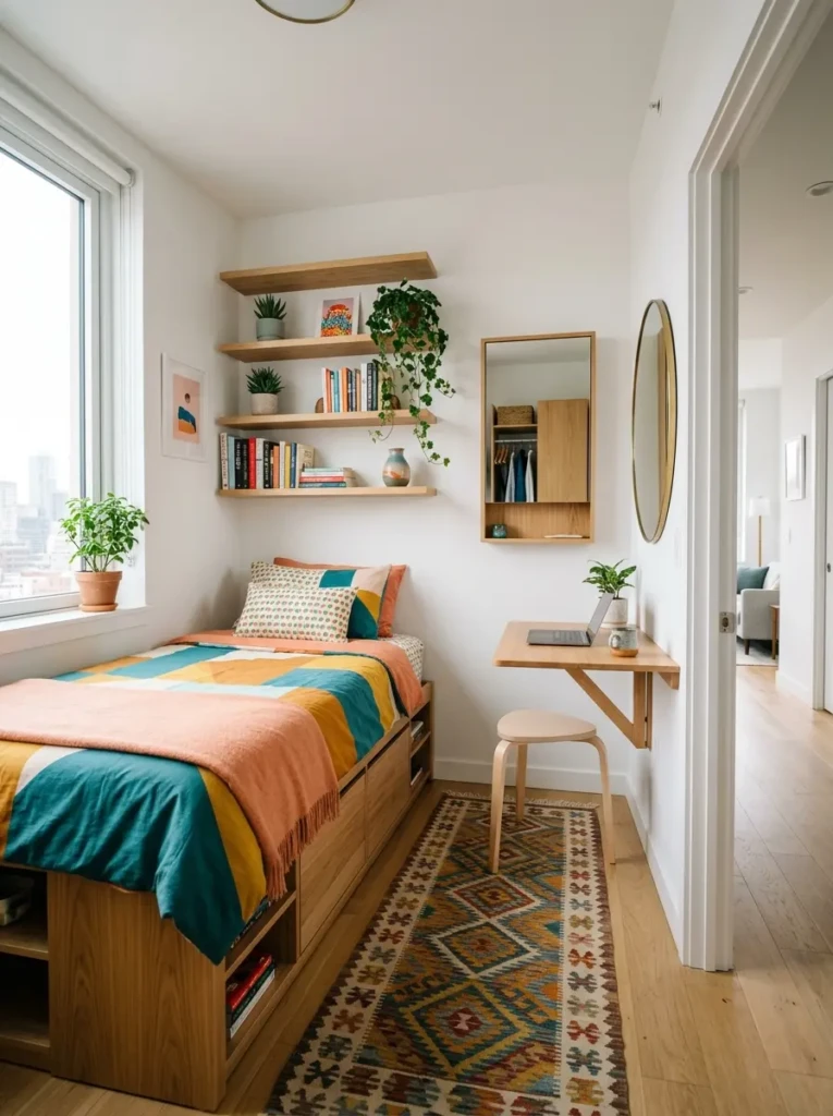 Small colorful minimalist bedroom with multifunctional furniture and bright open layout