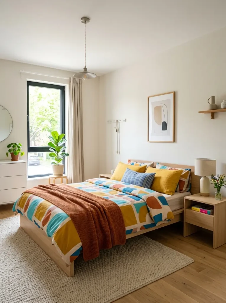 Bright colorful minimalist bedroom with neutral furniture, colorful bedding, and natural sunlight