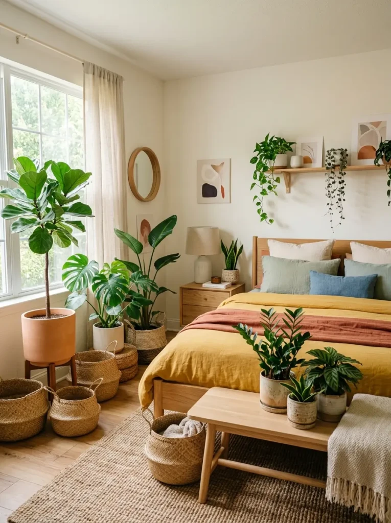 Modern colorful minimalist bedroom featuring lush indoor plants and natural decor