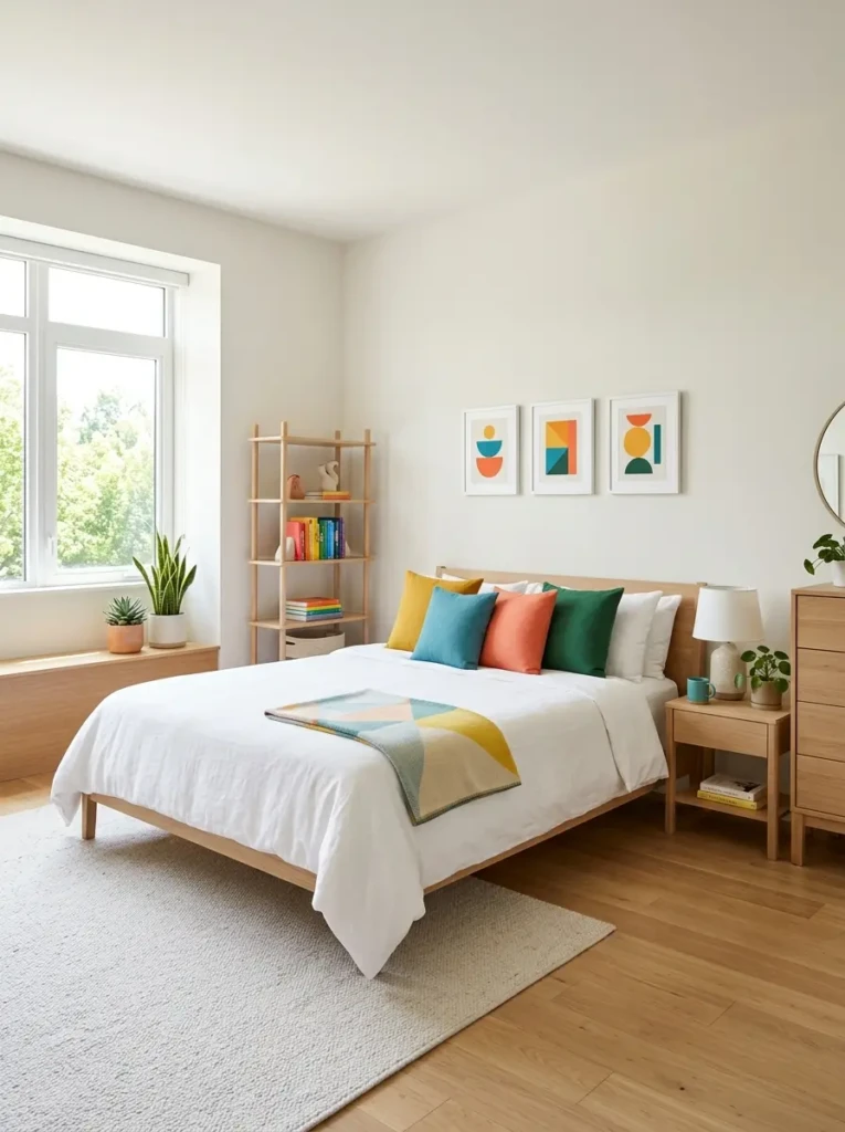 Peaceful colorful minimalist bedroom with vibrant accents and calming modern design