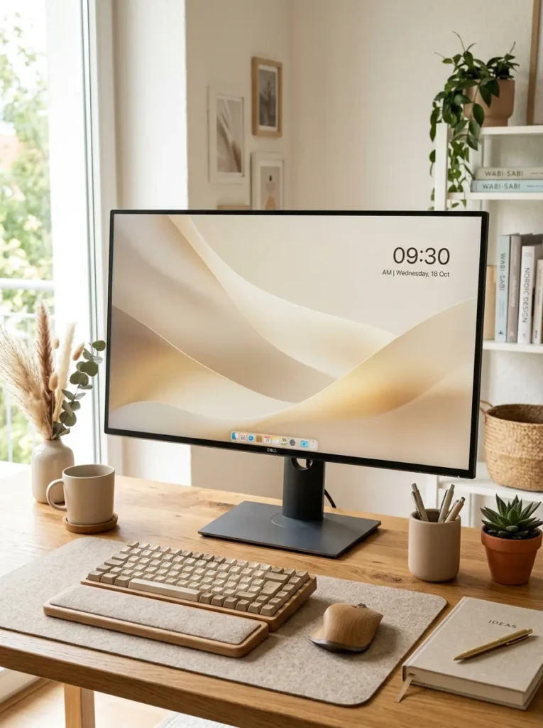 Minimalist desk decorated with a photo frame, indoor plant, and elegant accessories