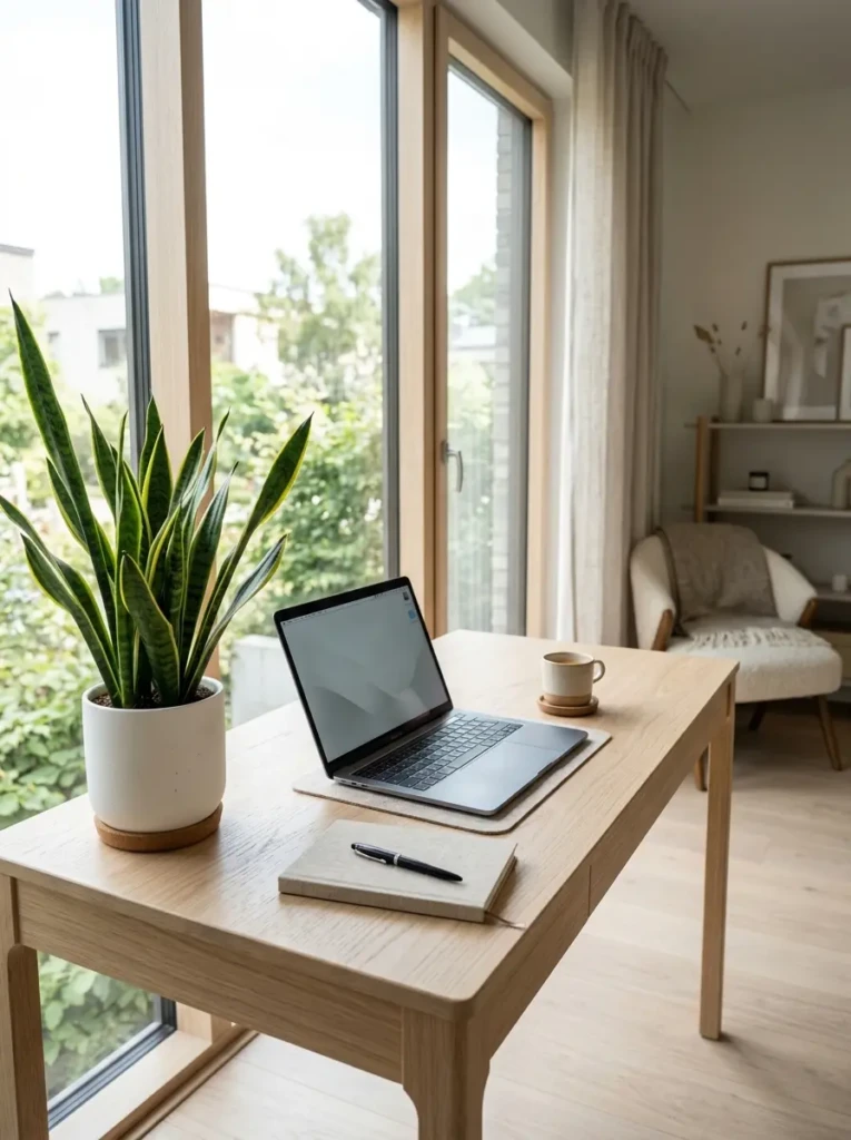 Modern minimalist desk with wireless keyboard, monitor, and hidden cable management