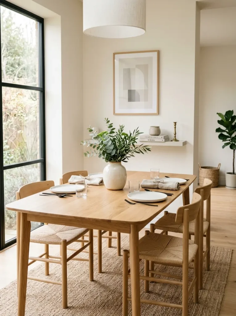 Minimalist dining room decor with ceramic vase, greenery, and simple wall art