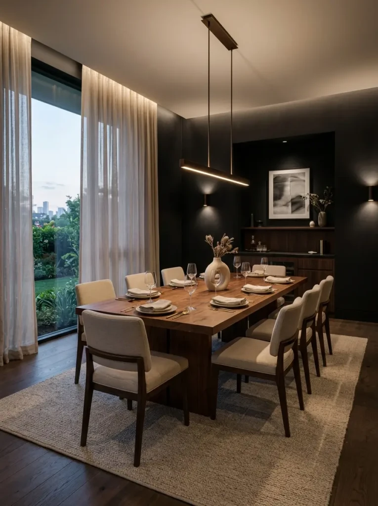 Elegant dining room decorated with matte black minimalist wallpaper, wood furniture, and soft ambient lighting.
