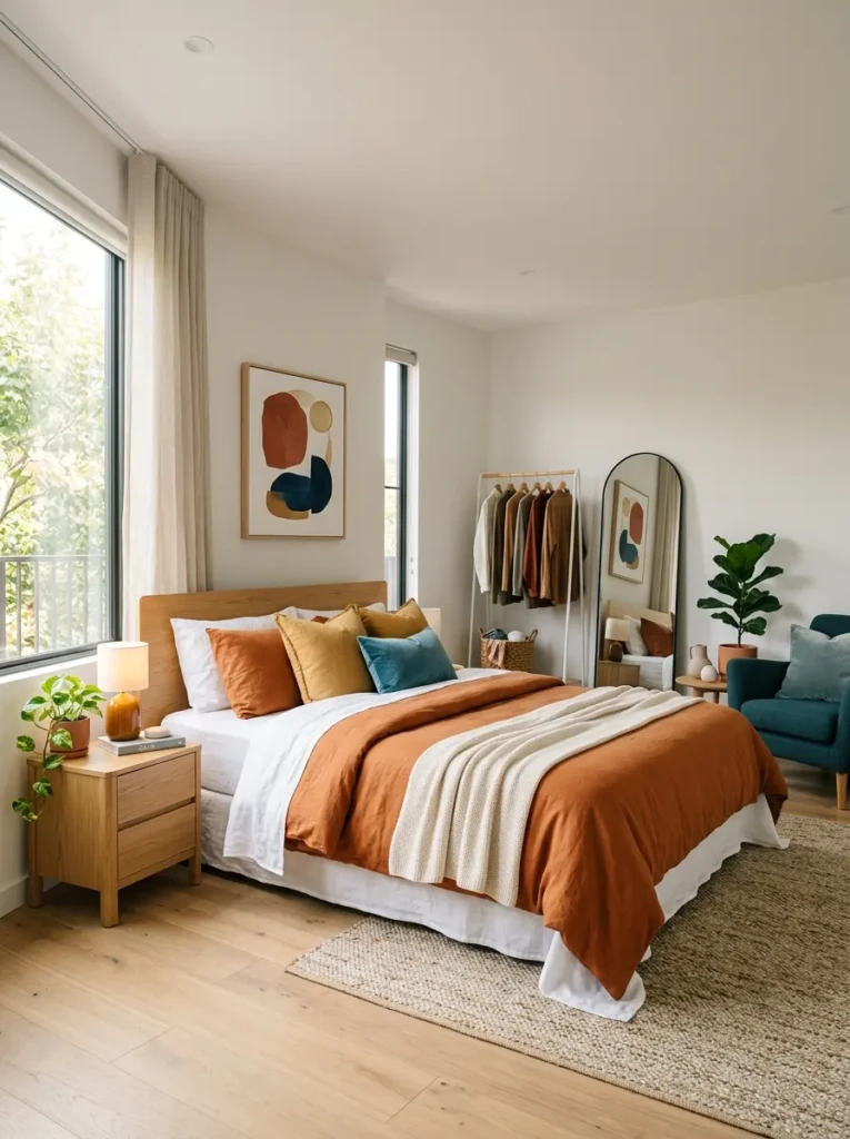 Stylish colorful minimalist bedroom featuring warm accents and an organized modern layout