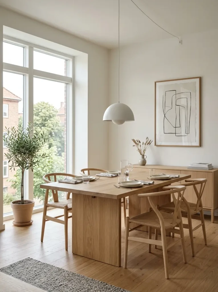 Bright minimalist dining room with wooden table, neutral decor, and natural sunlight