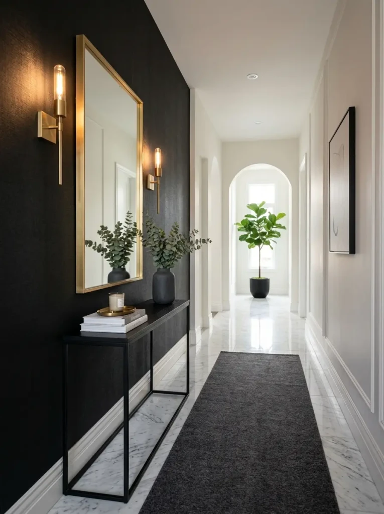 Contemporary living room where natural sunlight beautifully complements black minimalist wallpaper and modern furnishings.