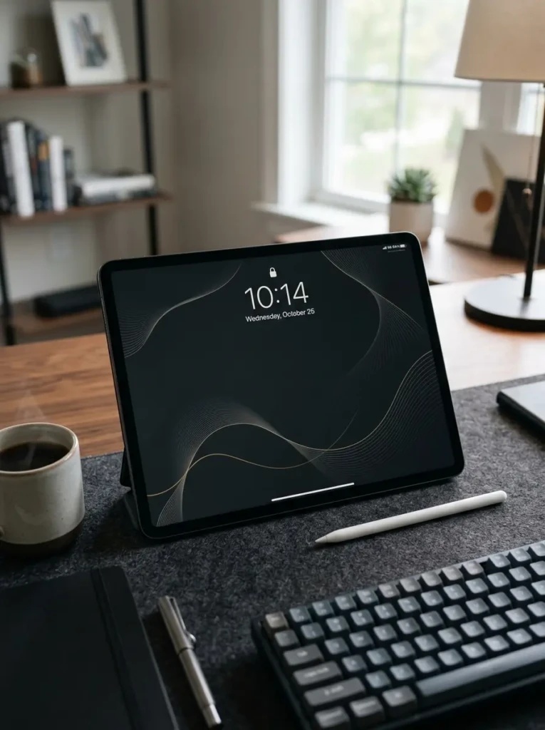 iPad displaying a minimalist dark wallpaper with charcoal tones and subtle abstract design