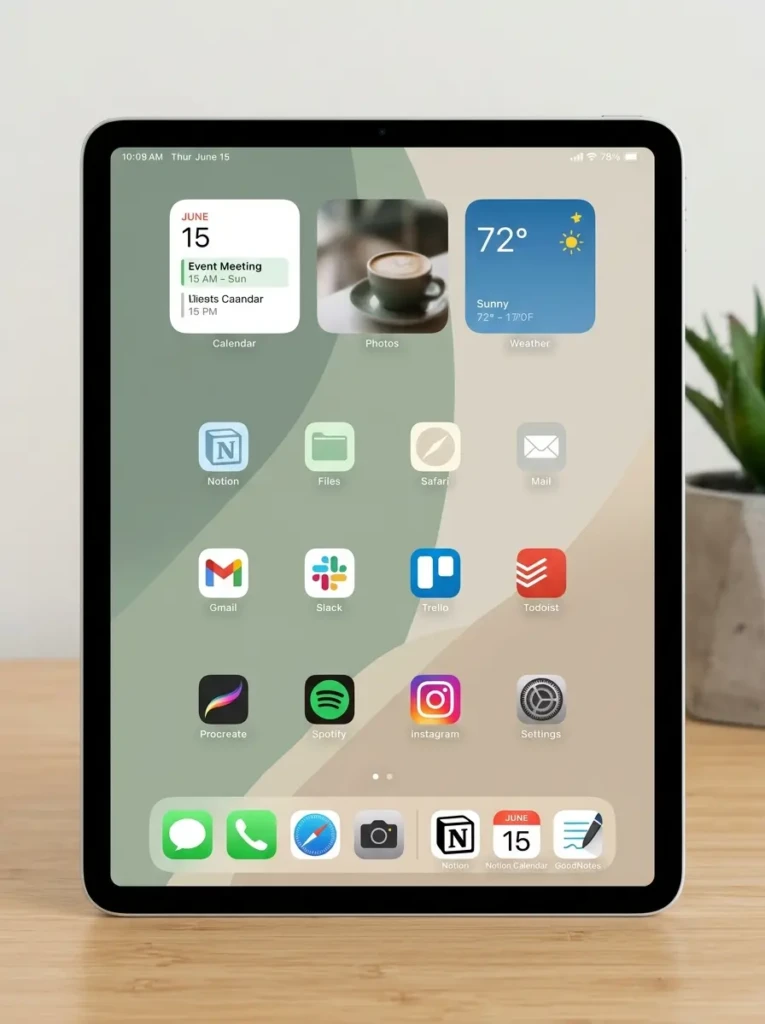 Organized iPad home screen featuring minimalist wallpaper and aesthetic widgets