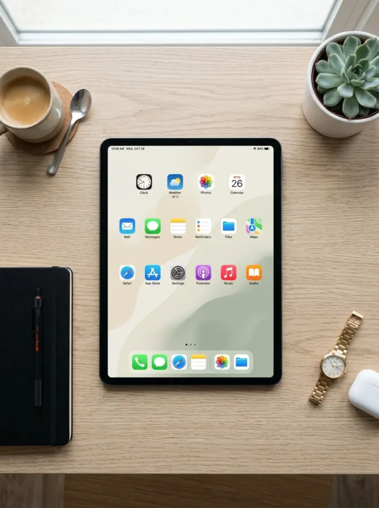 Clean iPad home screen with minimalist wallpaper and organized app icons