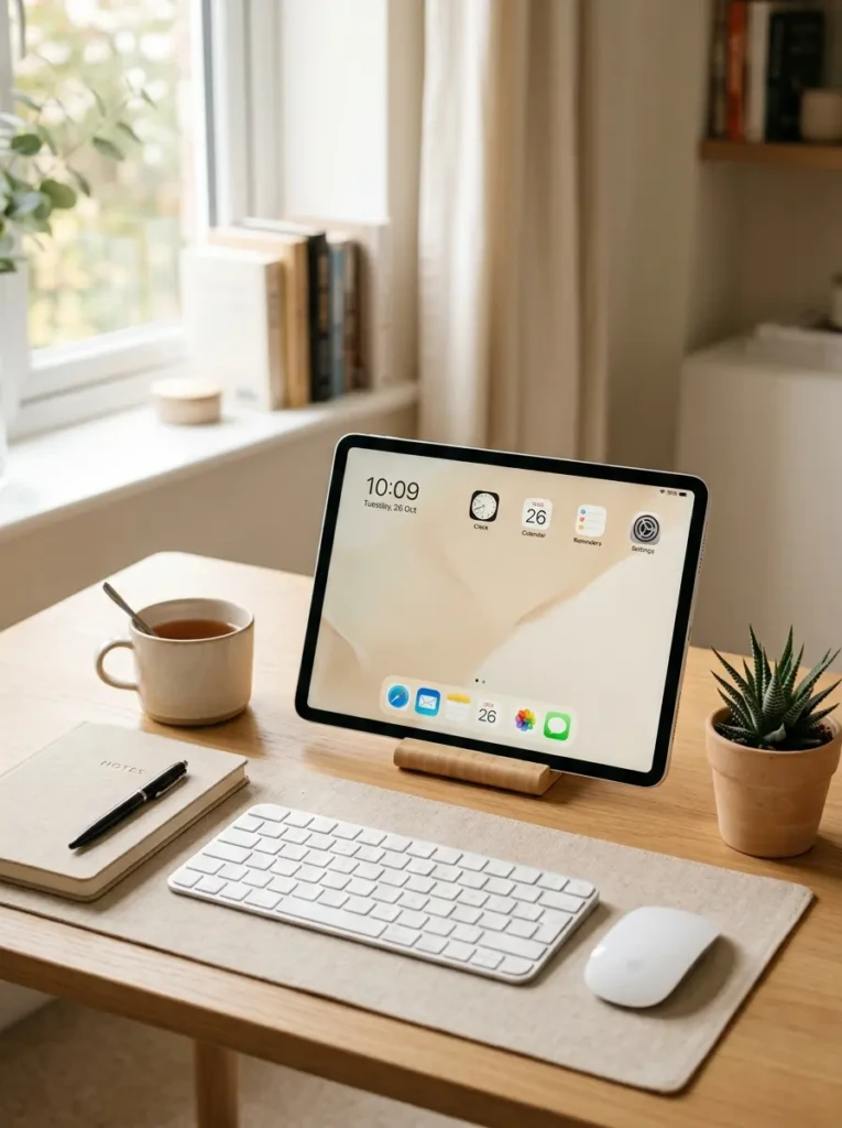 Productive desk setup featuring an iPad with a minimalist wallpaper, notebook, and keyboard