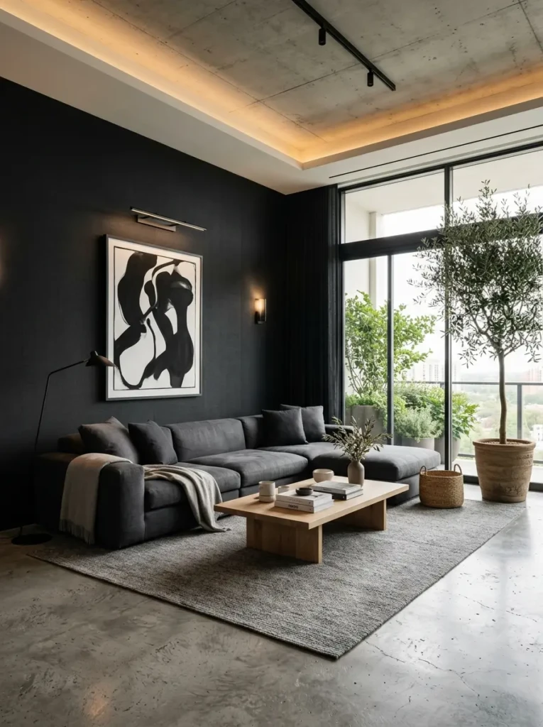 Luxury living room featuring black minimalist wallpaper, modern furniture, warm lighting, and elegant minimalist decor.