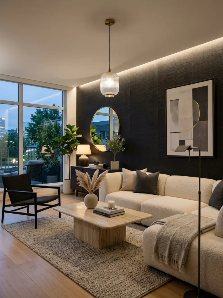 Contemporary living room with textured black minimalist wallpaper, neutral furniture, and luxurious natural materials.